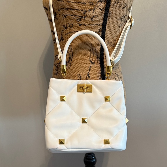 Rock Stud White Faux Leather Bag with Gold Accents & Crossbody - Picture 2 of 5